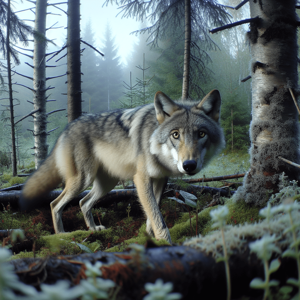 A wolf captured in its natural habitat by a camera trap, highlighting the use of technology in monitoring their behavior and interactions with the environment.. Sigma 85 mm f/1.4.