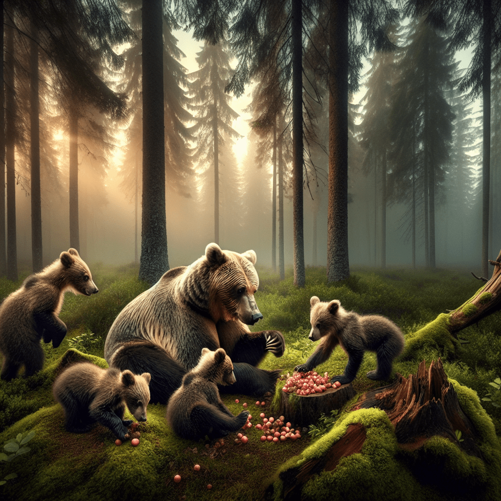 A photo capturing an unexpected encounter with a bear family in the wild, offering a unique glimpse into their intimate life and social interactions.