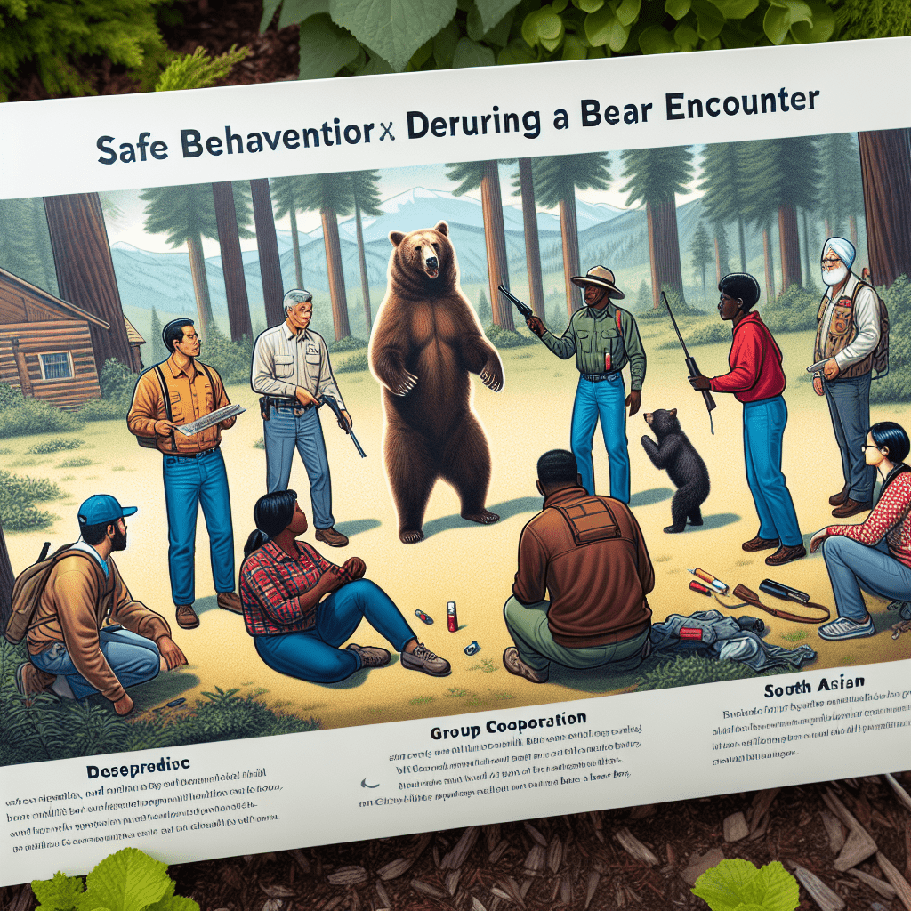 A photo illustrating safe behavior during a bear encounter in the wilderness, emphasizing calmness, preparedness with defensive tools, and group cooperation to deter the bear peacefully.