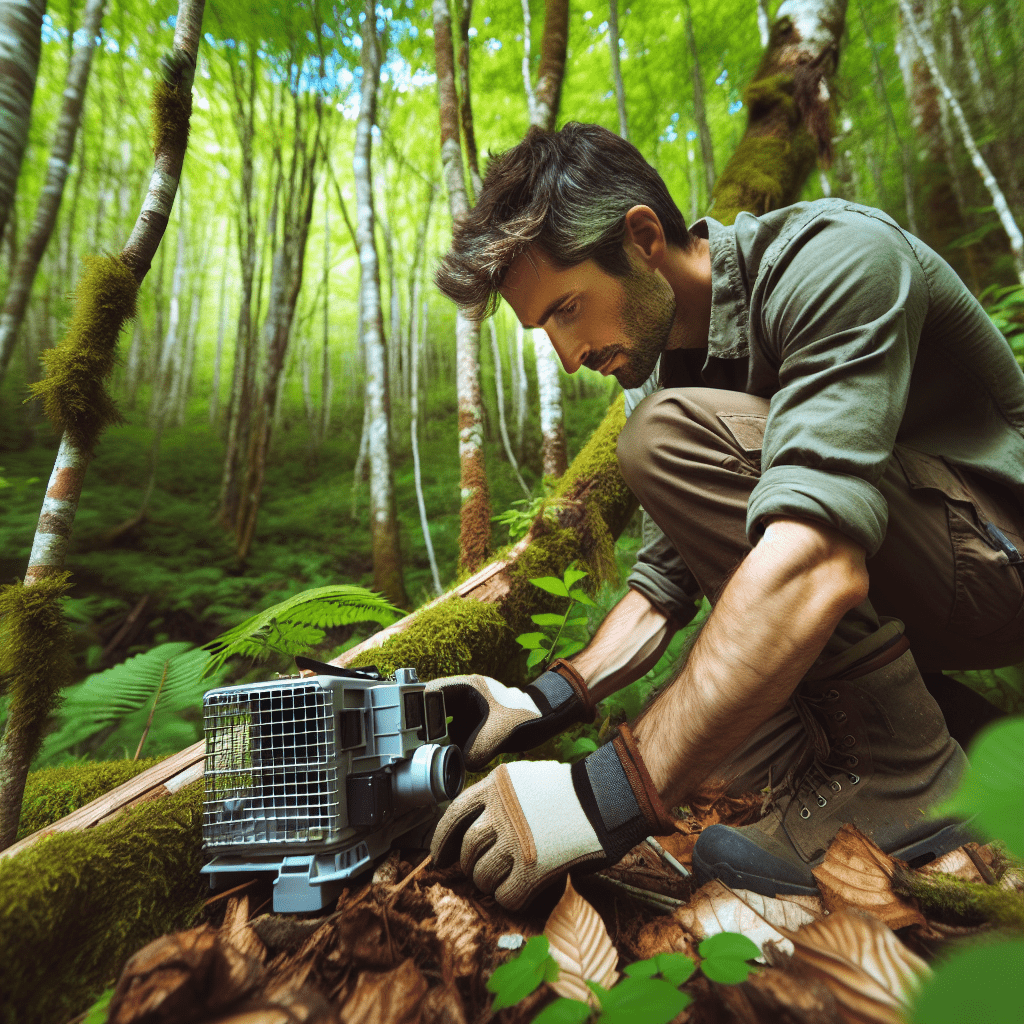 A photo of a wildlife researcher fine-tuning camera trap settings in a forest, ensuring optimal capture of animals like bears in their natural habitat.