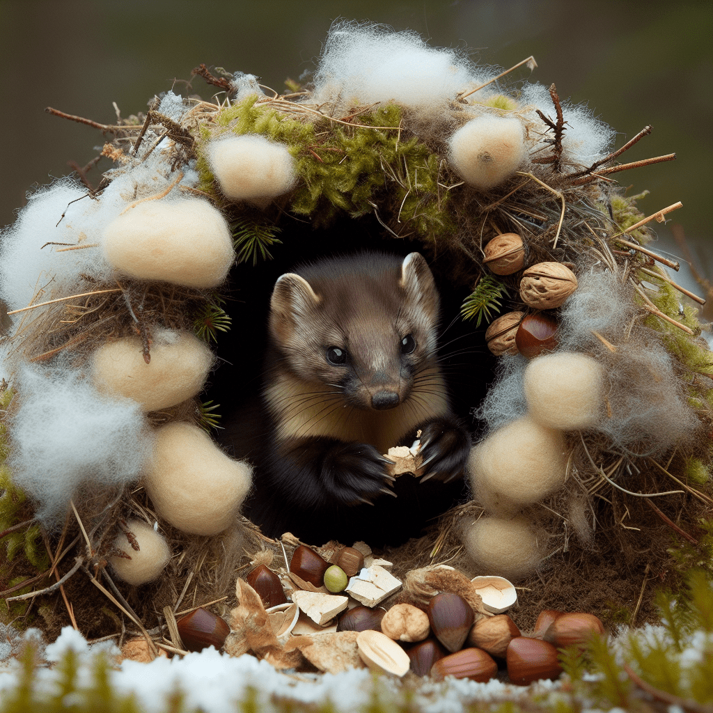 A clever rock marten building a winter nest, utilizing a mix of moss, grass, and insulation to keep warm in the harsh cold. Sleeping in shifts to conserve energy, with a stash of nuts and insects inside for survival.