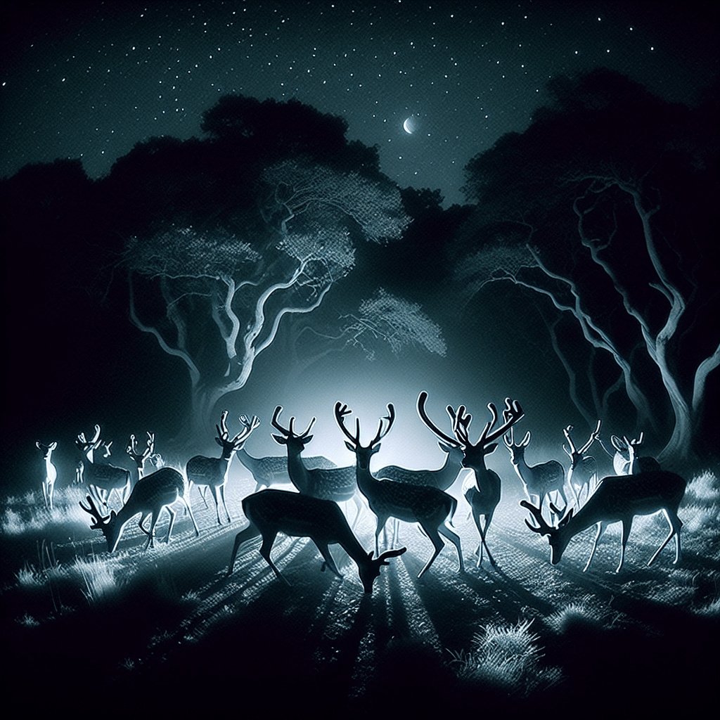 A group of deer gracefully dancing in the darkness, revealing their hidden behaviors and mysterious habits captured by night cameras.