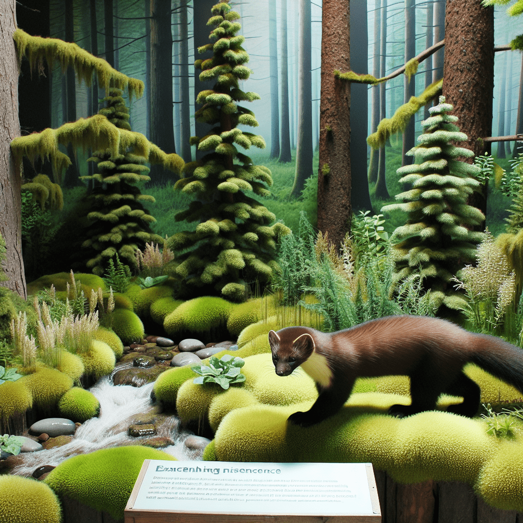 A rare and endangered pine marten cautiously exploring its natural habitat, highlighting the importance of education and conservation efforts for its survival.
