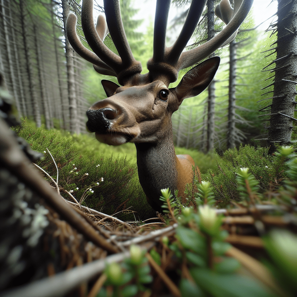 A close-up shot of a majestic deer in the wilderness, captured by a hidden wildlife camera, highlighting the beauty of nature undisturbed.