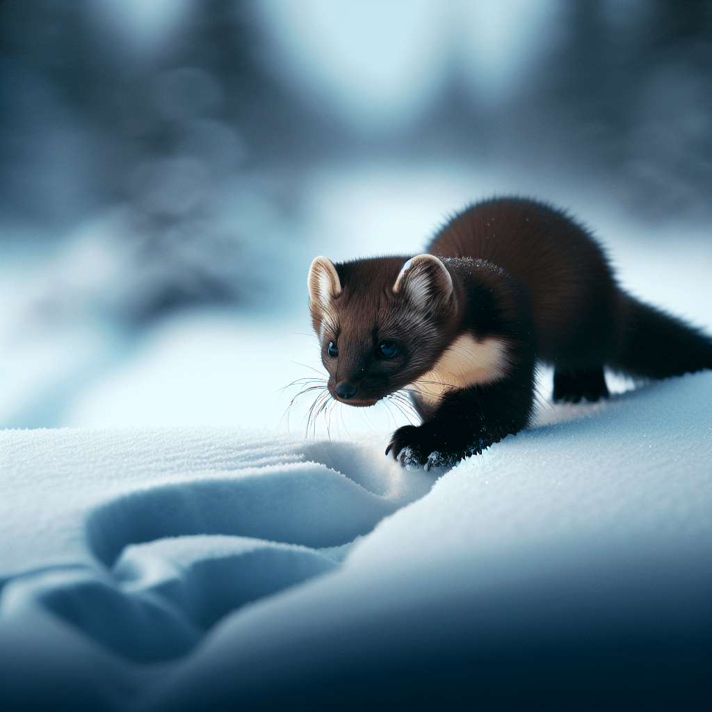 A stealthy pine marten hunting in the snowy wilderness, patiently tracking its prey through the icy terrain.