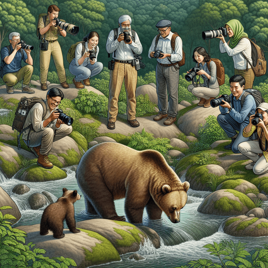 A photo demonstrating safe wildlife photography practices, showing researchers maintaining a respectful distance from a bear in its natural habitat.