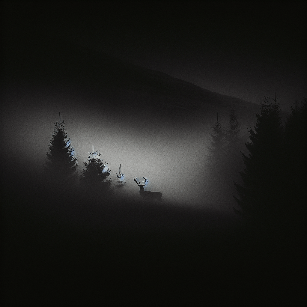 A lone stag vanishing into the darkness, leaving only a faint trace of its presence in the night wilderness.