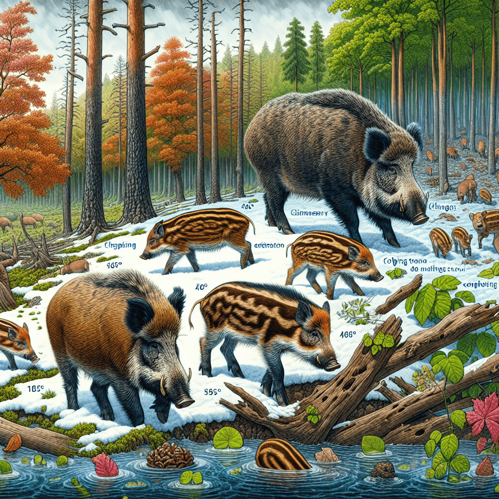 A wild boar family searching for food in a changing forest environment due to climate change.