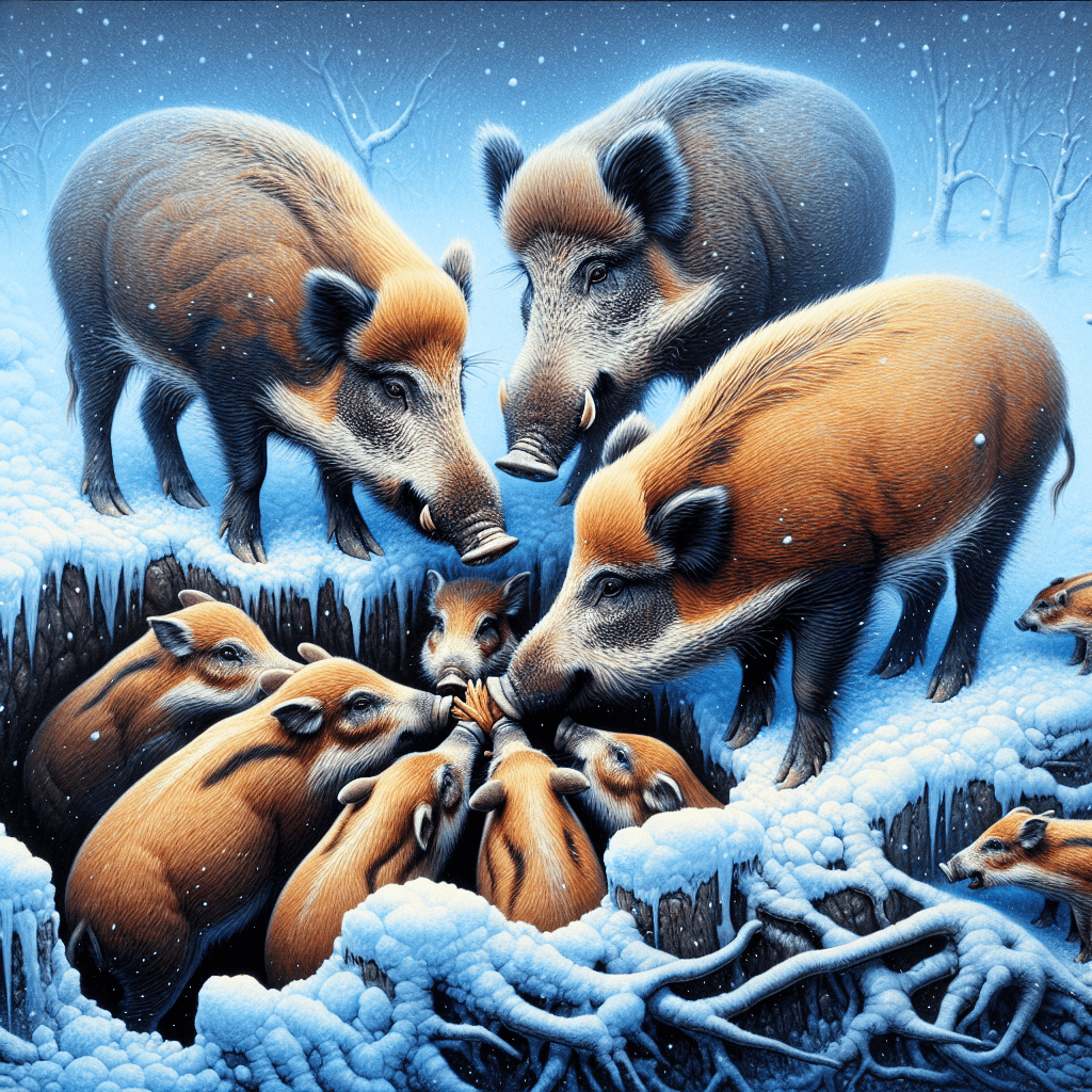 A crucial image capturing wild boars utilizing their empathy and cooperation to overcome winter challenges, highlighting the importance of research for nature conservation.