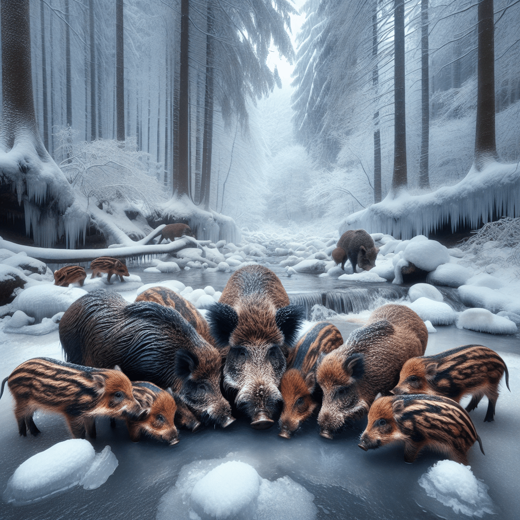 A group of wild boars collaborating to find food and protect each other during the cold winter months, showing a surprising level of empathy and cooperation.