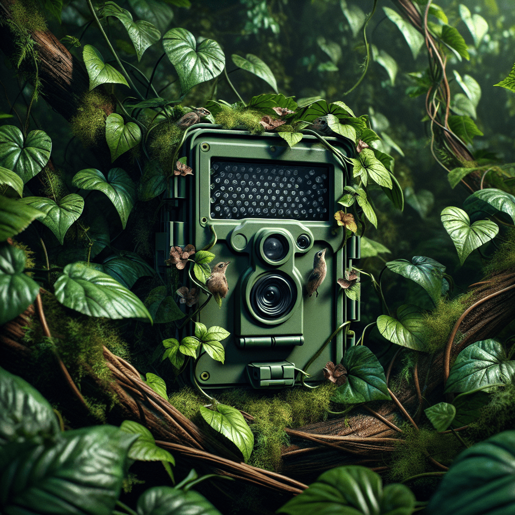 A wildlife camera trap hidden in dense foliage, capturing elusive creatures in their natural habitat with strategic placement and advanced settings for optimal results.
